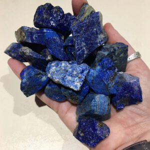 An hand holding a pile of small pieces of wet Lapis Lazuli rough rock