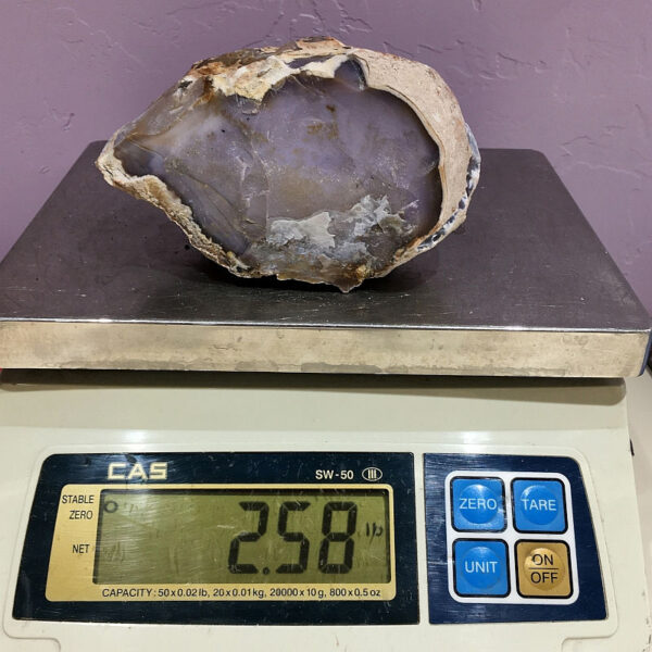 A piece of Purple Burro Jasper rough rock pictured on a scale. Piece weighs 2.58 pounds.