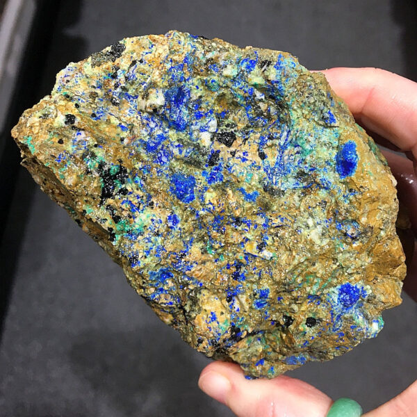 1.84 pound piece of Spotted Azurite rough rough, pictured wet. Side one of five sides.