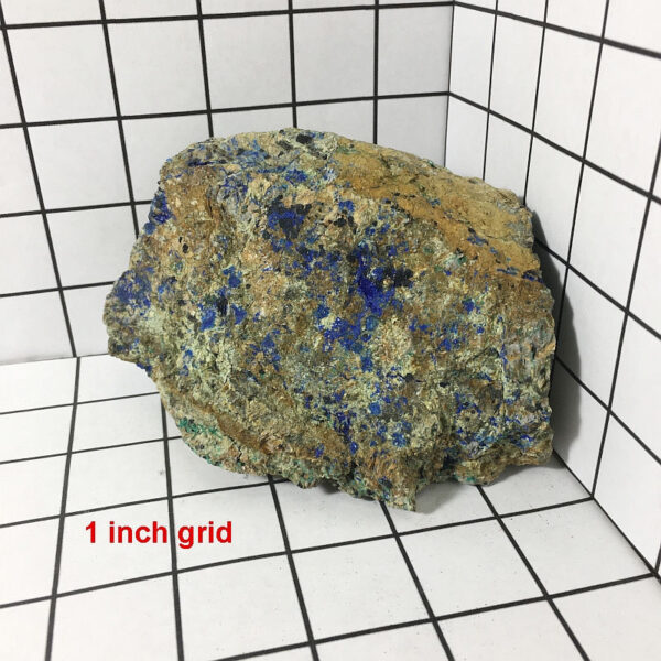 1.84 pound piece of Spotted Azurite rough rock pictured on a one inch grid. Piece measures approximately 4.5 by 3.5 by 2.75 inches