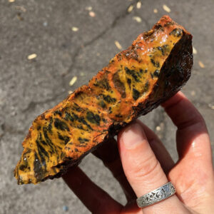 A 0.80 pound piece of Flash Jasper (Tiger Tail) rough rock. Pictured wet, in sunlight. Side one of six sides.