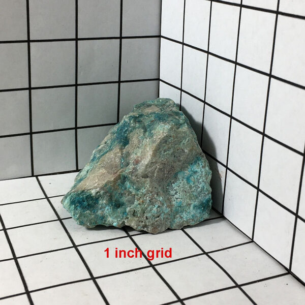 0.70 pound piece of Teal Turq Rhyolite rough rock pictured on a one inch grid. Piece measures approximately 3.25 by 3 by 1.75 inches