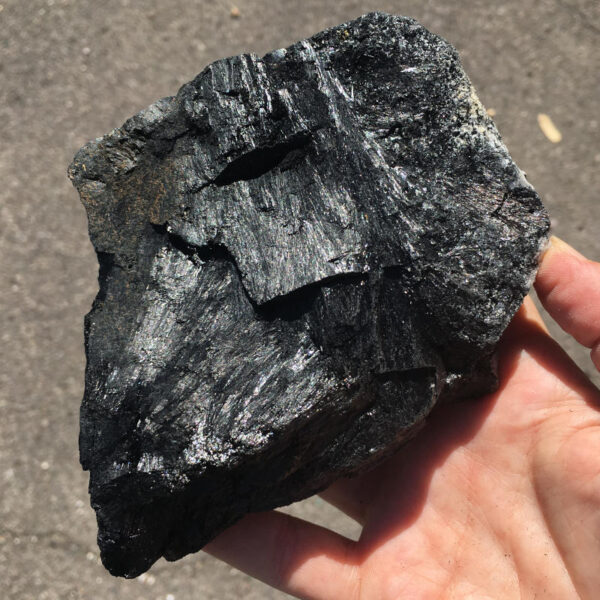 1.56 pound piece of Velvet Black Tourmaline rough rock, pictured dry in sunlight. Side one of six sides.