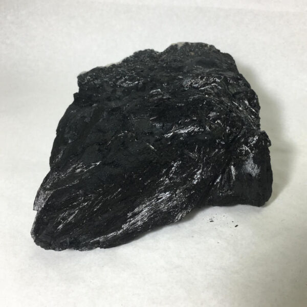 1.56 pound piece of Velvet Black Tourmaline rough rock, pictured dry on a white background