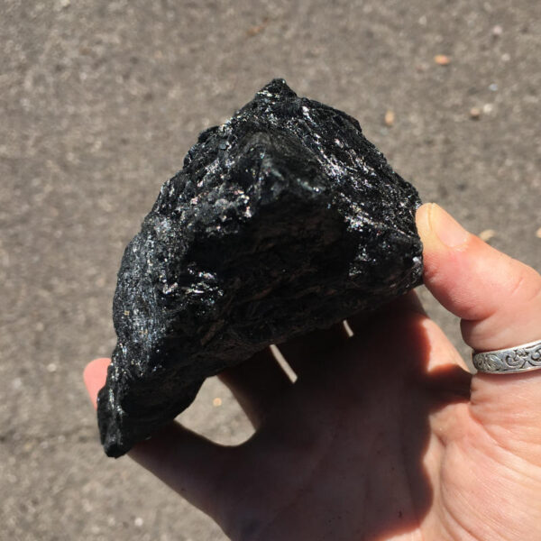 1.70 pound piece of Velvet Black Tourmaline rough rock, pictured dry in sunlight. Side five of five sides.