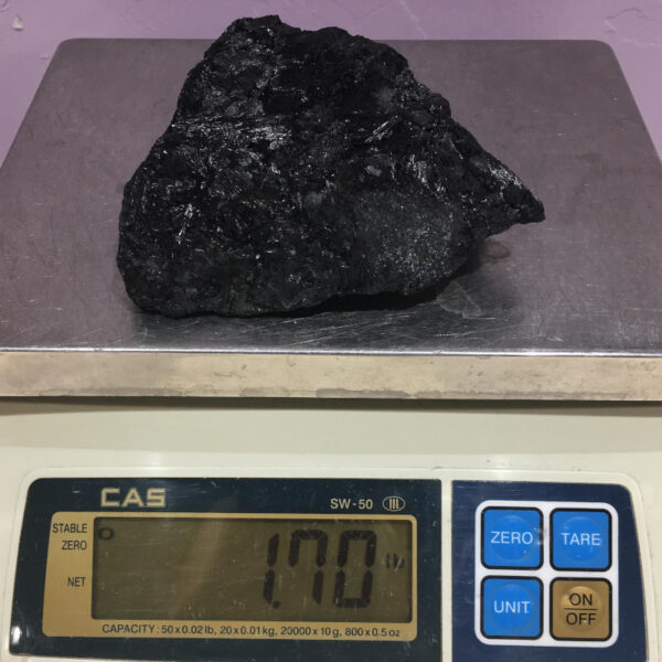 A piece of Velvet Black Tourmaline rough rock, pictured dry on a scale. Piece weighs 1.70 pounds