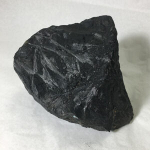 2.04 pound piece of Velvet Black Tourmaline rough rock, pictured dry on a white background