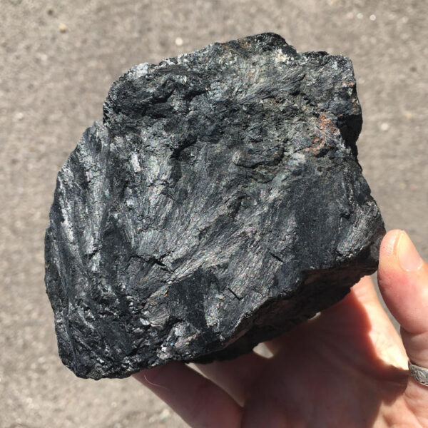 2.04 pound piece of Velvet Black Tourmaline rough rock, pictured dry in the sunlight. Side one of six sides.