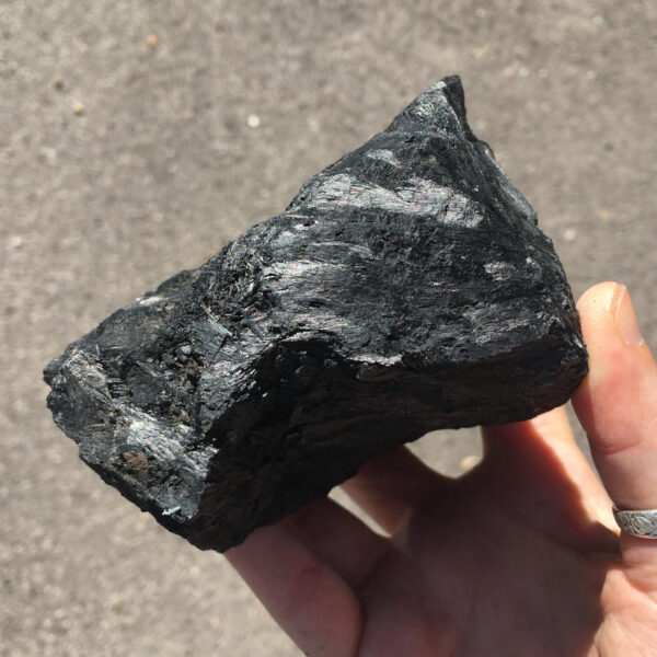 2.04 pound piece of Velvet Black Tourmaline rough rock, pictured dry in the sunlight. Side two of six sides.