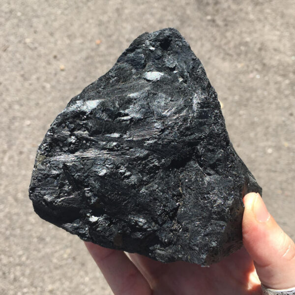 2.04 pound piece of Velvet Black Tourmaline rough rock, pictured dry in the sunlight. Side four of six sides.