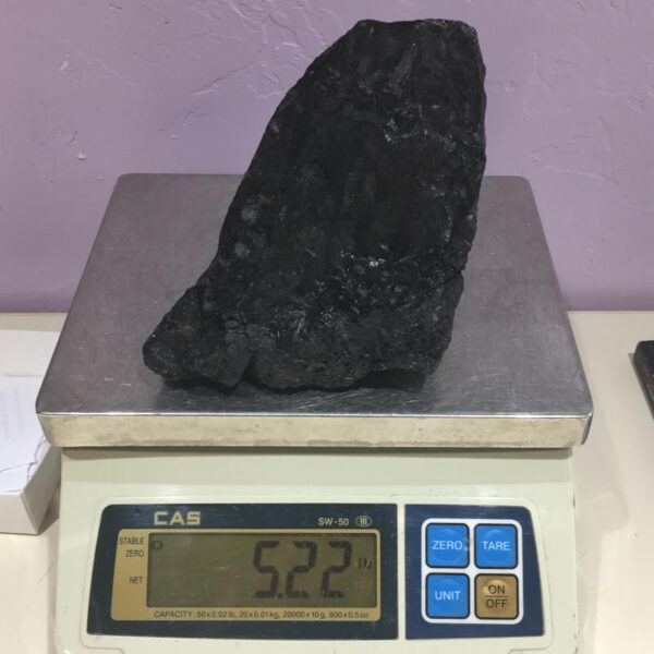 A piece of Velvet Black Tourmaline rough rock pictured on a scale. Piece weighs 5.22 pounds.