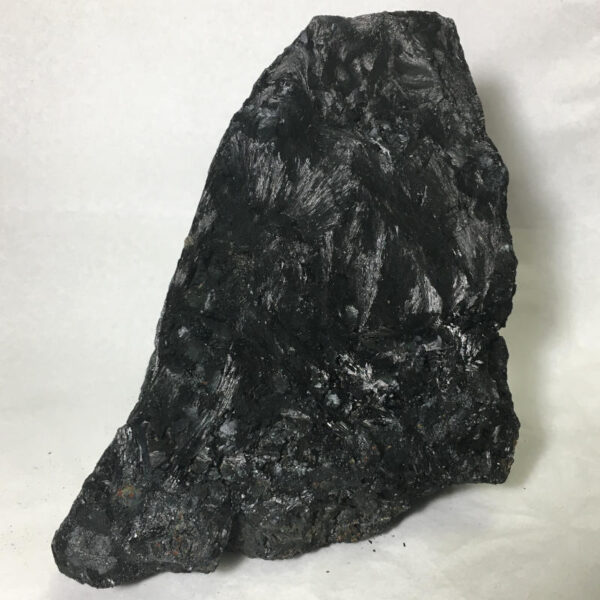 5.22 pound piece of Velvet Black Tourmaline rough rock, pictured dry, standing on one end on a white background