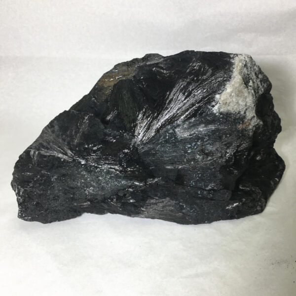 5.22 pound piece of Velvet Black Tourmaline rough rock, pictured dry, laying on its side on a white background