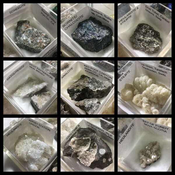 Image collage showing the bottom nine minerals in an 18-piece mineral collection