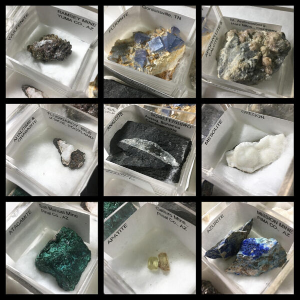 Image collage showing the top nine minerals in an 18-piece mineral collection