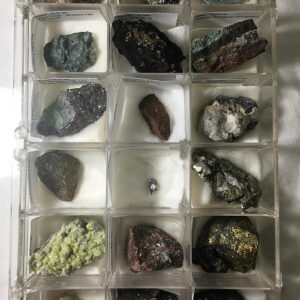 Open plastic 18-compartment mineral specimen case with minerals in it.